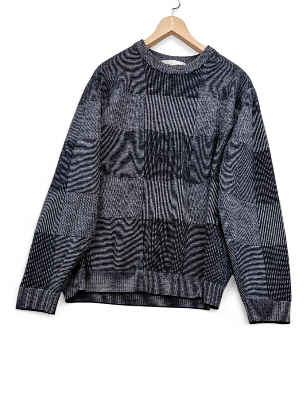 Perry Ellis Womens Merino Wool Crewneck Sweater L Gray Patchwork Check Knit